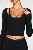 Ribbed Modal Long Sleeve Laced Bra Top in Black