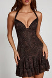 Embellished Halterneck A line Mini Dress in Snake Hotfix