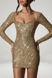Embellished Sweetheart Neck Mini Dress in Gold