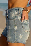 Star Print Raw Edge Denim Shorts