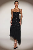 Embellished Soft Scoop Asymmetric Midaxi Dress in Black