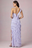 Asymmetric Ruffled Lace Up Gown in Lilac
