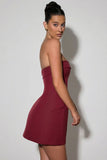 Foldover Neck Strapless Structured A Line Mini Dress in Wine Red