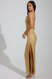 Embellished Scoop Neck Thigh Split Maxi Dress in Gold