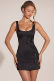 Embellished Scoop Neck Fitted Mini Dress in Black