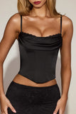 Satin Cowl Neck Lace Up Corset Top in Black