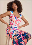 Ruffle Trim Scuba Dress Flower Wave