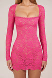 Sheer Scalloped Lace Long Sleeve Mini Dress in Hot Pink