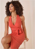 Side Tie Halter Midi Orange