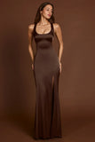 Scoop Neck Lace up Back Maxi Dress in Chocolate Brown