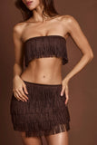 Fringed Bandeau Lace up Crop Top in Chocolate Brown