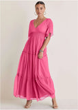 Flutter Sleeve Maxi Dress Hot Pink