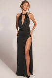 Cowl Neck Thigh High Gown in Black