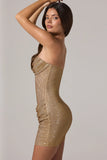 Embellished Bandeau Cowl Waist Mini Dress in Gold