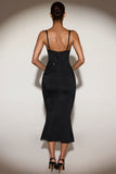 Embellished Peekaboo Fluted Hem Midaxi Dress in Black