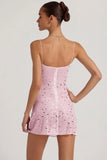 Sheer Embellished Square Neck Mini Dress in Pink