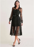 Lace Belted Midi Dress Jet Black