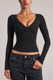 V Neck Long Sleeve Top in Black