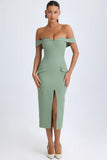Off Shoulder Midaxi Dress in Khaki Green