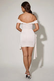Floral Detail Off Shoulder Ruched Bodycon Mini Dress in Ivory