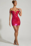 Embellished Off Shoulder Mini Dress in Crimson Red