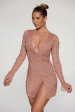 Embellished Wrap Over A Line Mini Dress in Beige