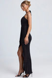 Hardware Detail Cut Out Halterneck Maxi Dress in Black