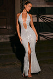 Embellished Cut Out Halterneck Maxi Dress in White