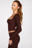 Ribbed Modal Square Neck Long Sleeve Top in Chocolate Brown