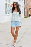 Kileigh Blue Floral Long Sleeve Babydoll Top