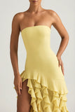 Ruffle Trim Strapless Gown in Pastel Yellow