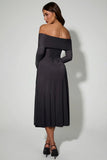 Off Shoulder Lace Up A Line Midaxi Dress in Black