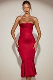 Satin Lace Trim Bandeau Fluted Midaxi Dress in True Red