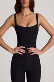 Scoop Neck Corset Flared Leg Jumpsuit in Black