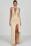 Soft Jersey Plunge Halterneck Maxi Dress in Champagne