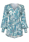 Balloon Sleeve Wrap Front Top Blue Paisley With Border