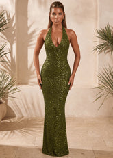 All The Right Reasons Sequin Backless Maxi Dress Olive Green