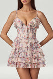 Ruffled Lace Up A Line Mini Dress in Primrose Floral Print