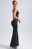 Mid Rise Fishtail Maxi Skirt in Black