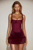 Satin Square Neck Corset Faux Fur Mini Dress in Wine Red