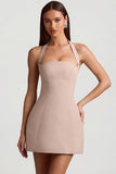 Pinstripe Halterneck Structured A Line Mini Dress in Mushroom
