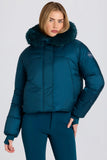 Waterproof Faux Fur Hood Cropped Ski Jacket in Teal