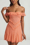 Off Shoulder Lace A Line Mini Dress in Peach