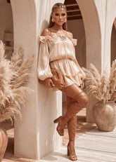 Whimsical Embrace Ruffle Mini Dress Beige