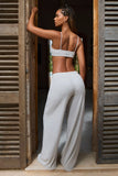 Textured Cotton Button Low Rise Wide Leg Joggers in Light Grey