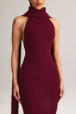 Rib Knit Scarf Detail Halterneck Maxi Dress in Wine