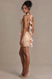 Embellished Open Back Mini Dress in Gold