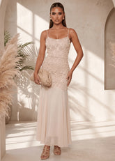 Forever Begins 3D Flower Maxi Dress Beige