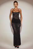 Sheer Lace Square Neck Ruched Gown in Black