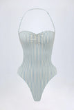 Cut Out Halterneck Swimsuit in Teal Double Stripe